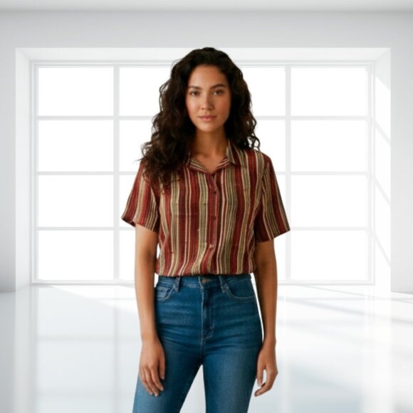 Notations Retro 90s Satin Striped Short Sleeve Button Down Shirt Top Petite M - Picture 1 of 12